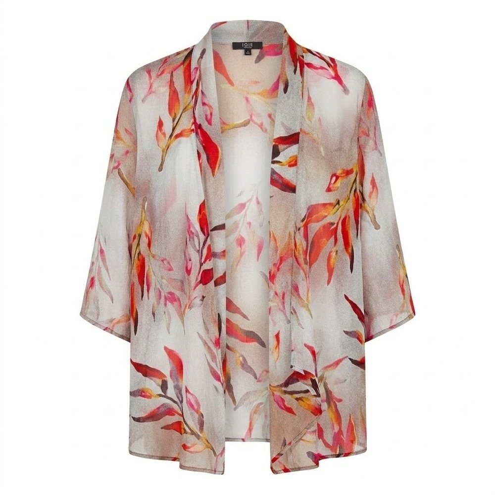 LIOR Paris Womens Orange Floral Leaf Open Front Kimono‎ Cardigan Size M